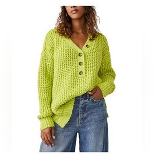 NWT Free People Whistle Thermal Henley Sweater Women’s Oversized Small Acid Lime
